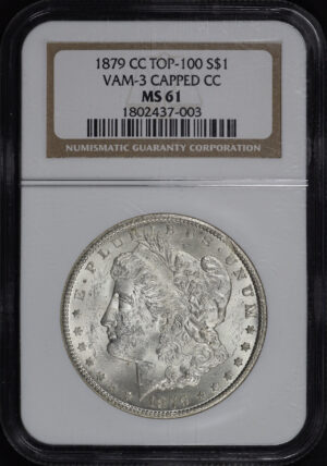 Obverse of this 1879-CC Top-100 Morgan Dollar VAM-3 Capped Die NGC MS-61 
