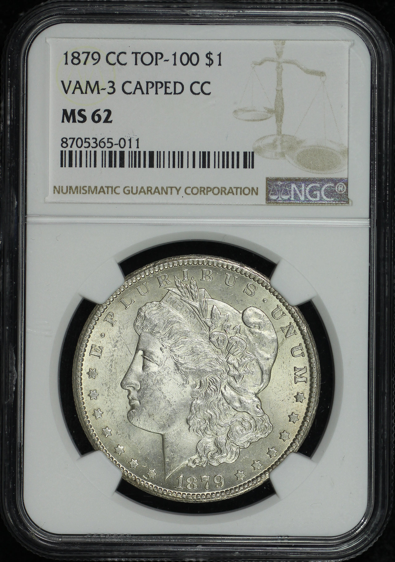 Obverse of this 1879-CC Top-100 Morgan Dollar VAM-3 Capped Die NGC MS-62