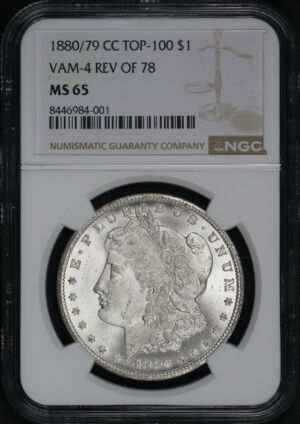 Obverse of this 1880/79-CC Top-100 Morgan Dollar VAM-4 Reverse of 1878 NGC MS-65