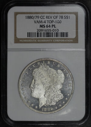 Obverse of this 1880/79-CC Top-100 Morgan Dollar VAM-4 Reverse of 1878 NGC MS-64 PL