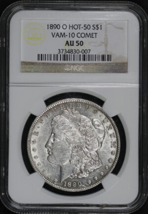 Obverse of this 1890-O Hot-50 Morgan Dollar NGC AU-50 VAM-10 Comet