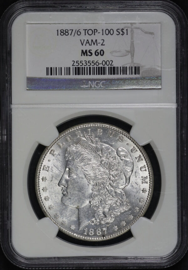 Obverse of this 1887/6 Top-100 Morgan Dollar VAM-2 NGC MS-60 