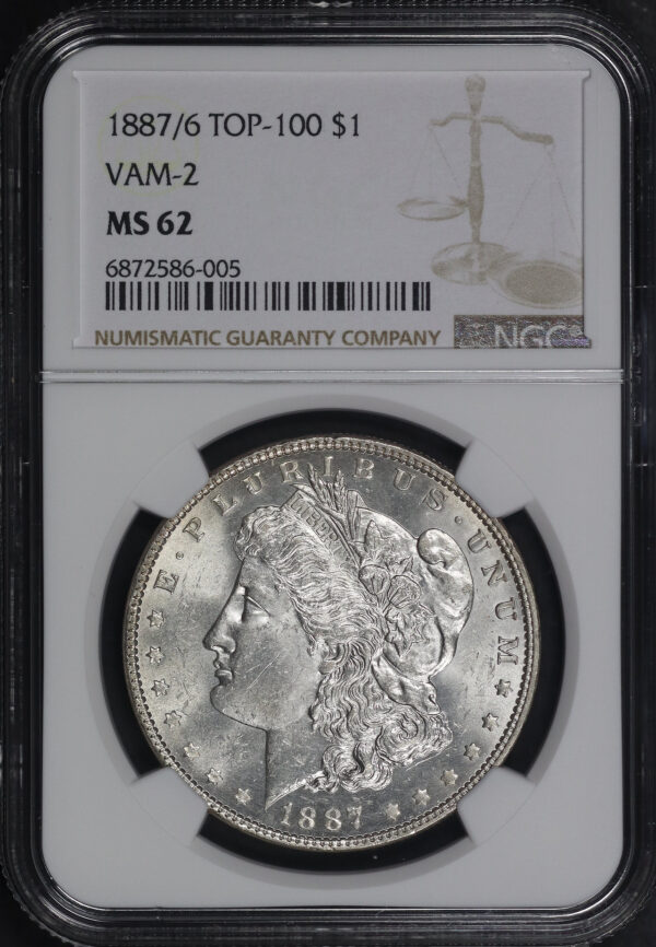 Obverse of this 1887/6 Top-100 VAM-2 Morgan Dollar NGC MS-62