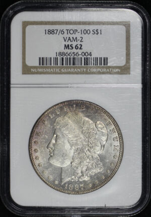 Obverse of this 1887/6 Top-100 Morgan Dollar VAM-2 NGC MS-62.