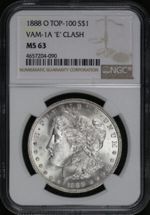Obverse of this 1888-O Top-100 Morgan Dollar VAM-1A “E” Clash NGC MS-63