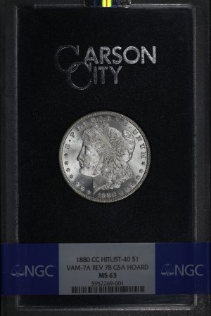 Obverse of this 1880-CC Hitlist-40 Morgan Dollar VAM-7A Reverse 1878 NGC MS-63 GSA Hard Pack With Box 