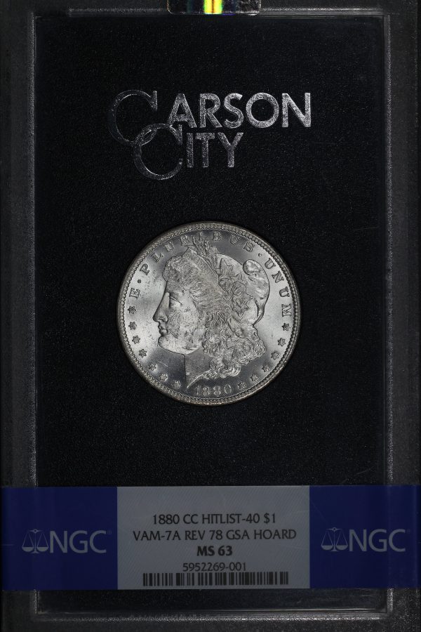 Obverse of this 1880-CC Hitlist-40 Morgan Dollar VAM-7A Reverse 1878 NGC MS-63 GSA Hard Pack With Box 