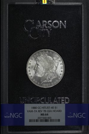 Obverse of this 1880-CC Hitlist-40 Morgan Dollar VAM-7A Reverse of 1878 NGC MS-64 GSA Hard Pack With Box 