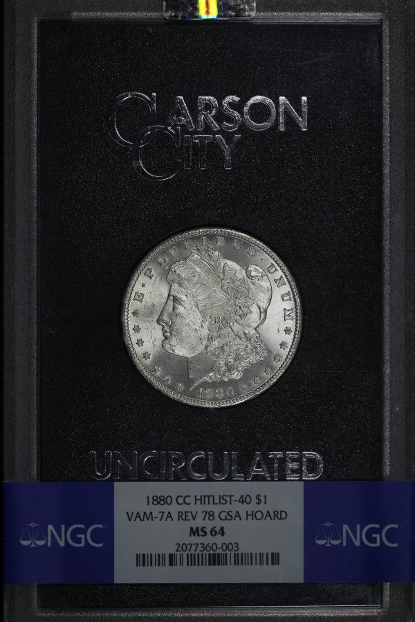 Obverse of this 1880-CC Hitlist-40 VAM-7A Reverse of 1878 Morgan Dollar NGC MS-64 GSA Hard Pack With Box 