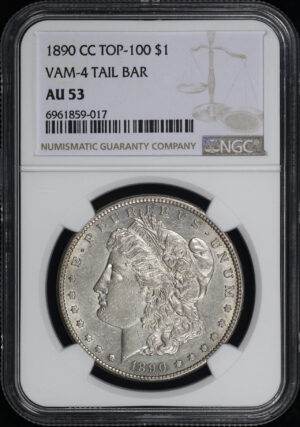 Obverse of this 1890-CC Top-100 VAM-4 Tail Bar Morgan Dollar NGC AU-53 