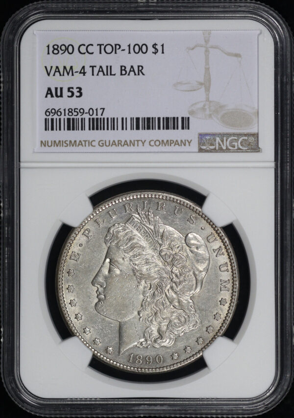 Obverse of this 1890-CC Top-100 VAM-4 Tail Bar Morgan Dollar NGC AU-53 