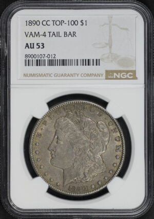 Obverse of this 1890-CC Top-100 Morgan Dollar VAM-4 Tailbar NGC AU-53