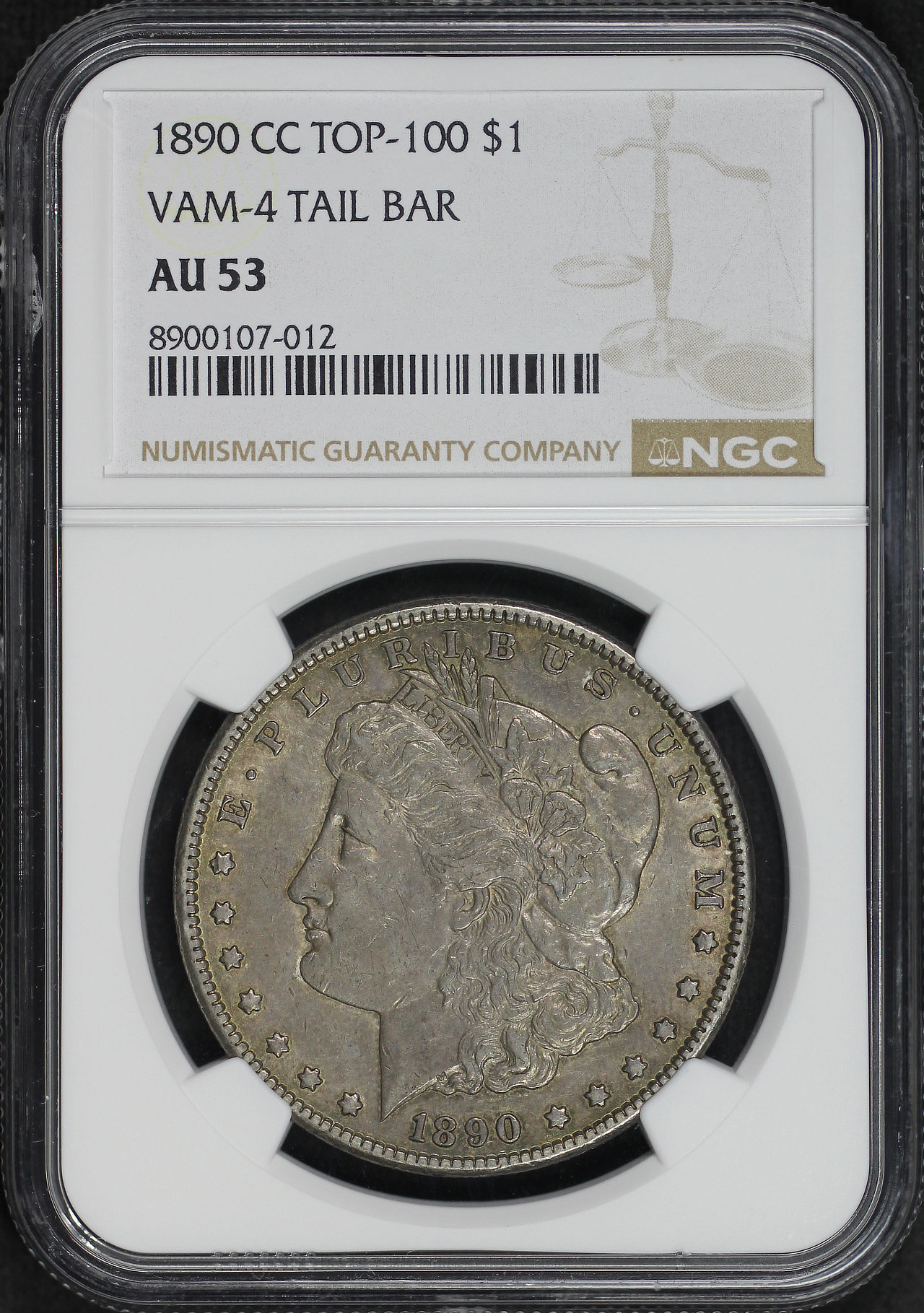 Obverse of this 1890-CC Top-100 Morgan Dollar VAM-4 Tailbar NGC AU-53