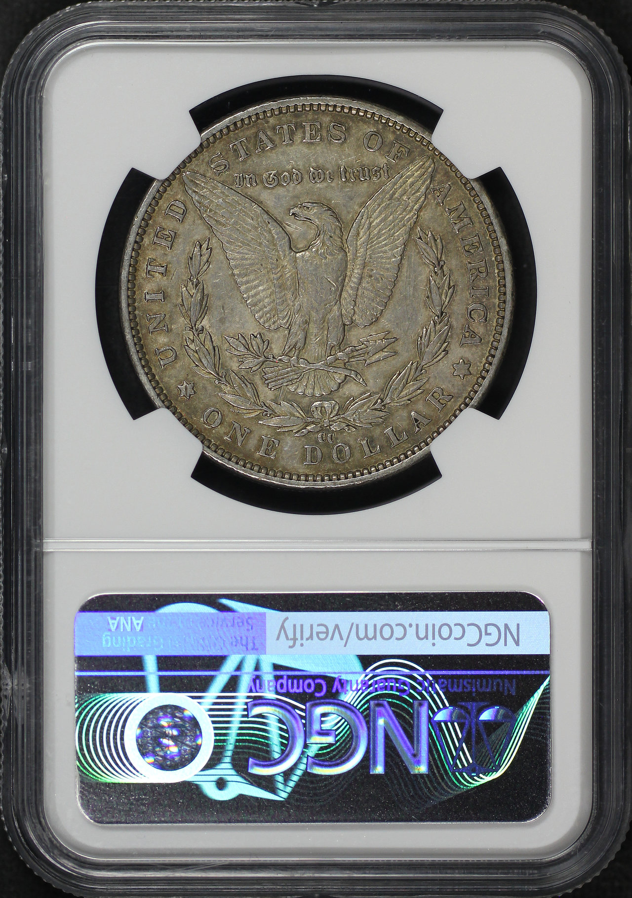 Reverse of this 1890-CC Top-100 Morgan Dollar VAM-4 Tailbar NGC AU-53
