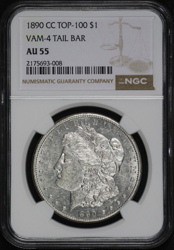 Obverse of this 1890-CC Top-100 Morgan Dollar VAM-4 Tailbar NGC AU-55 