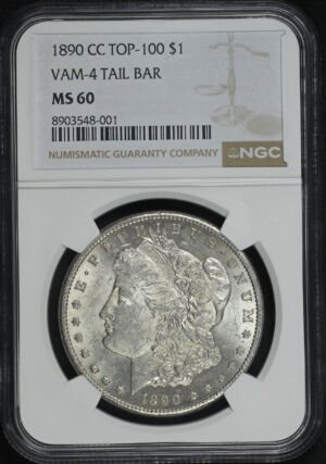 Obverse of this 1890-CC Morgan Dollar VAM-4 Tailbar NGC MS-60
