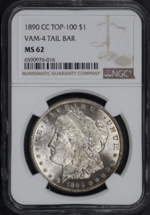 Obverse of this 1890-CC Top-100 Morgan Dollar VAM-4 Tailbar NGC MS-62 