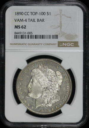 Obverse of this 1890-CC Top-100 Morgan Dollar VAM-4 Tailbar NGC MS-62