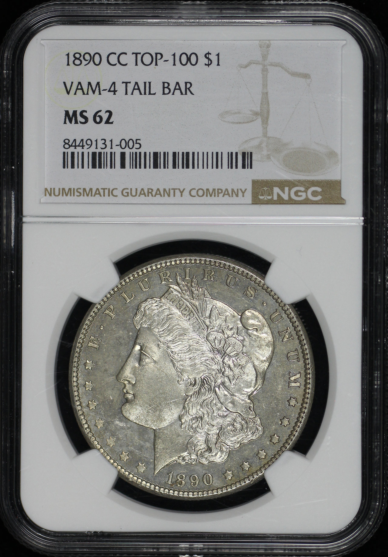 Obverse of this 1890-CC Top-100 Morgan Dollar VAM-4 Tailbar NGC MS-62
