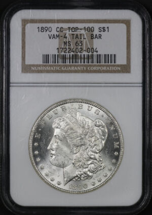 Obverse of this 1890-CC Top-100 VAM-4 Tailbar Morgan Dollar NGC MS-63
