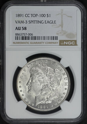 Obverse of this 1891-CC Top-100 Morgan Dollar VAM-3 Spitting Eagle NGC AU-58