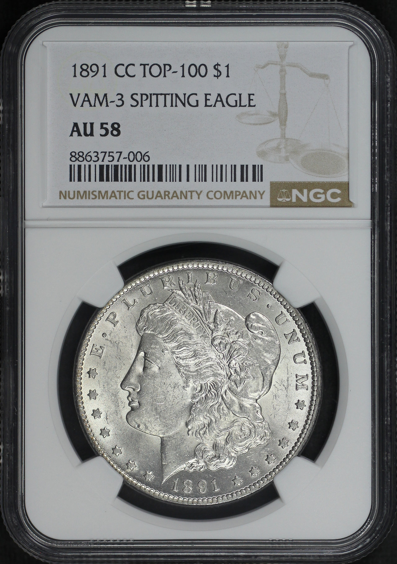 Obverse of this 1891-CC Top-100 Morgan Dollar VAM-3 Spitting Eagle NGC AU-58