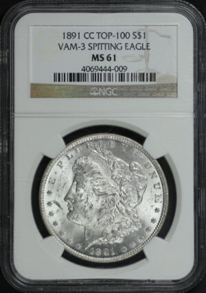 Obverse of this 1891-CC Top-100 Morgan Dollar VAM-3 Spitting Eagle NGC MS-61