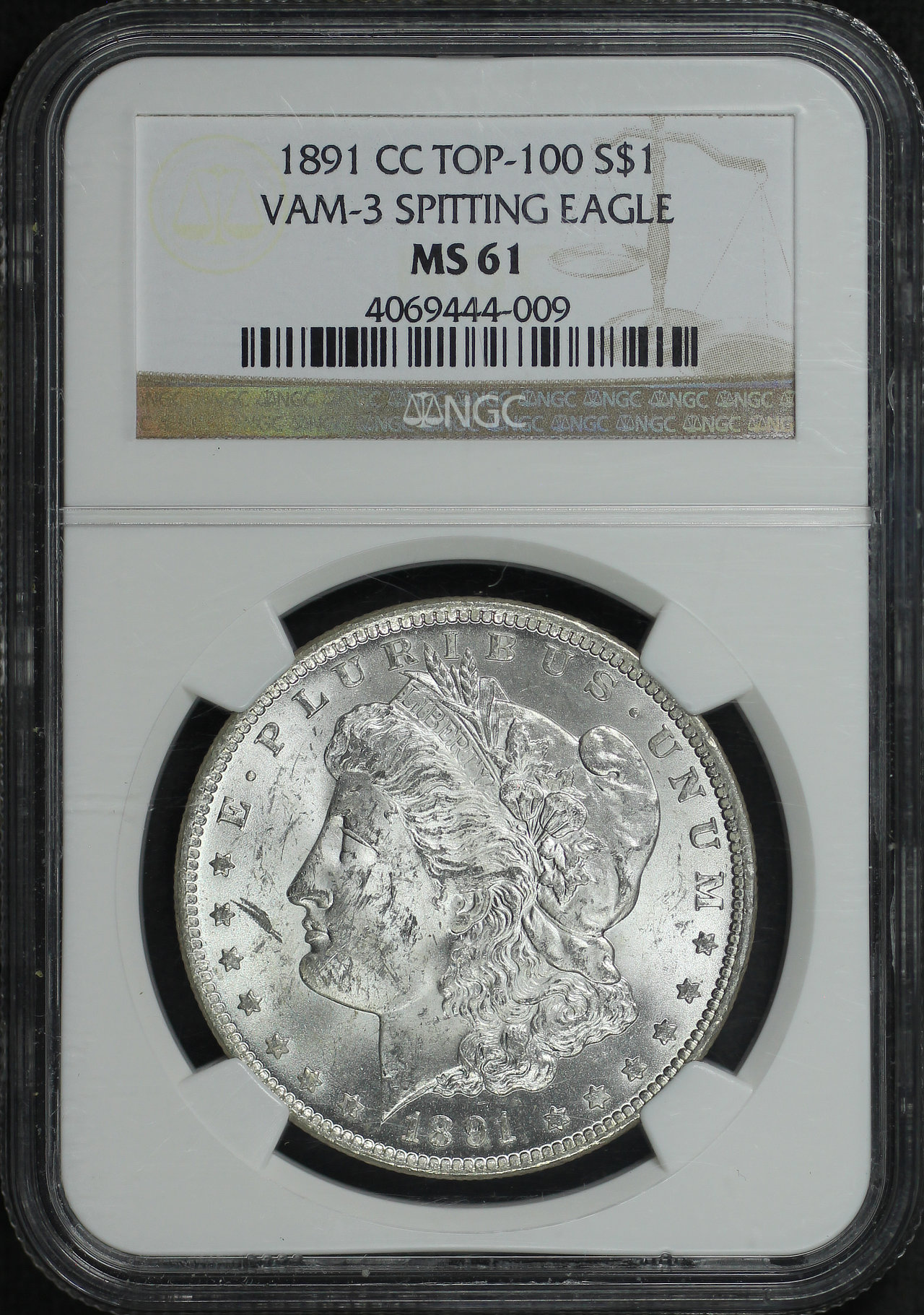 Obverse of this 1891-CC Top-100 Morgan Dollar VAM-3 Spitting Eagle NGC MS-61
