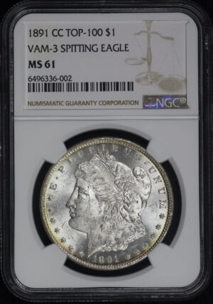 Obverse of this 1891-CC Top-100 Morgan Dollar VAM-3 Spitting Eagle NGC MS-61