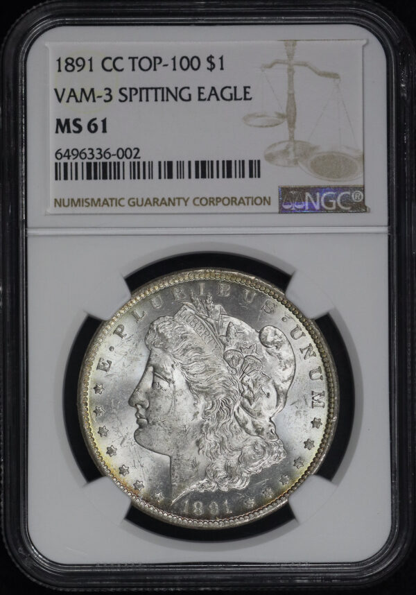 Obverse of this 1891-CC Top-100 Morgan Dollar VAM-3 Spitting Eagle NGC MS-61