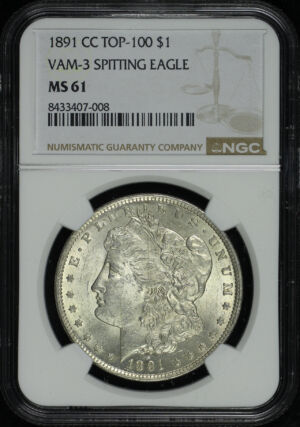 Obverse of this 1891-CC Top-100 Morgan Dollar VAM-3 NGC MS-61 Spitting Eagle