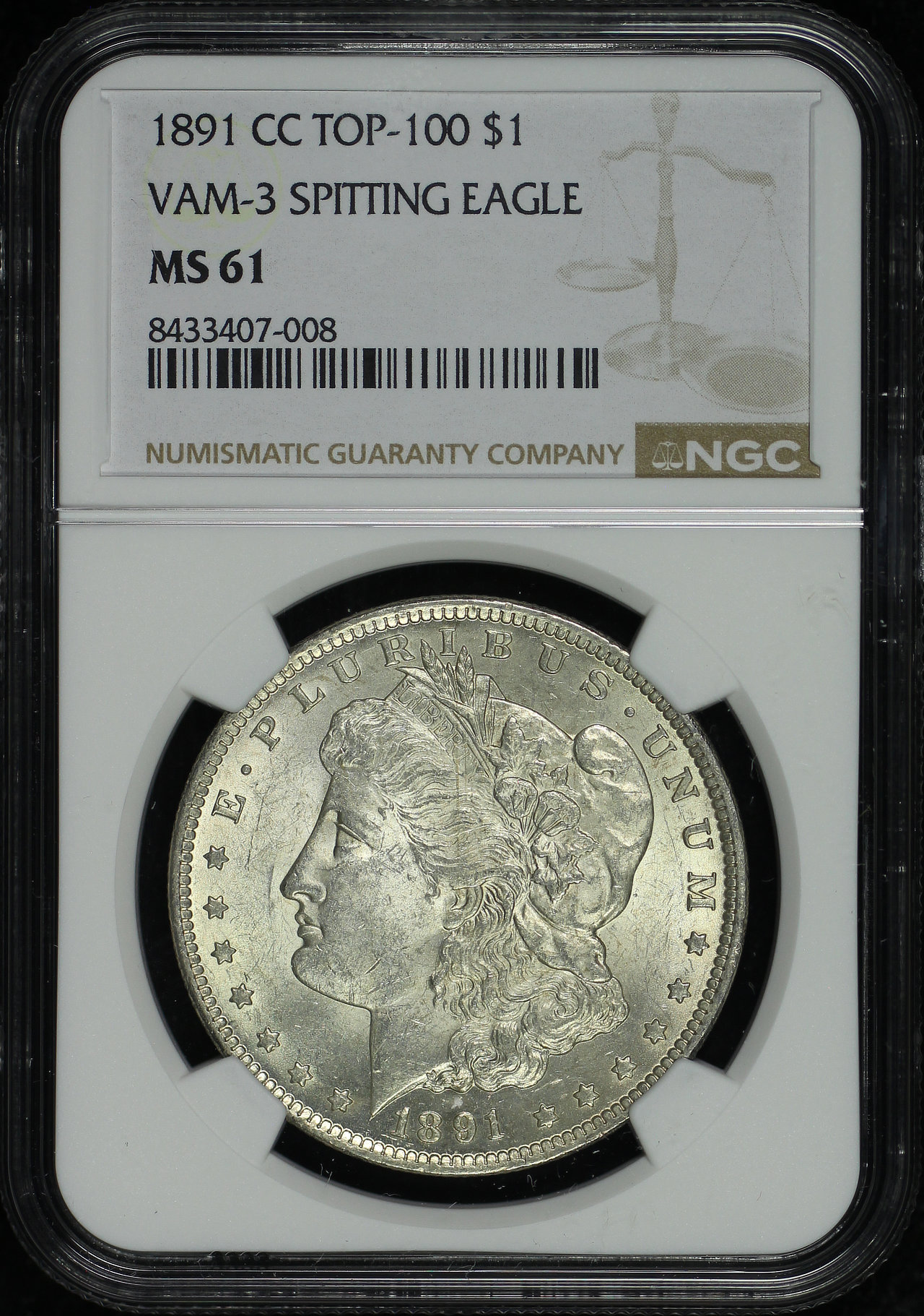 Obverse of this 1891-CC Top-100 Morgan Dollar VAM-3 NGC MS-61 Spitting Eagle