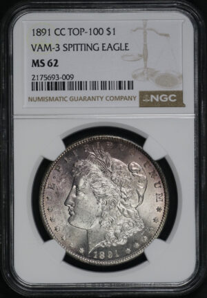 Obverse of this 1891-CC Top-100 Morgan Dollar VAM-3 Spitting Eagle NGC MS-62 