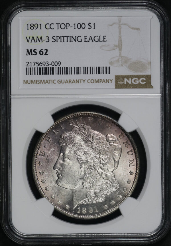 Obverse of this 1891-CC Top-100 Morgan Dollar VAM-3 Spitting Eagle NGC MS-62 