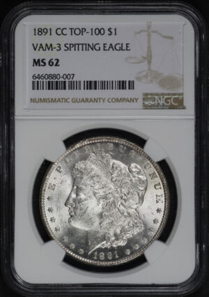 Obverse of this 1891-CC Top-100 Morgan Dollar NGC MS-62 VAM-3 Spitting Eagle