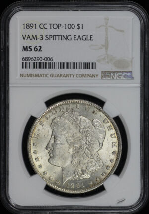 Obverse of this 1891-CC Top-100 Morgan Dollar VAM-3 Spitting Eagle NGC MS-62
