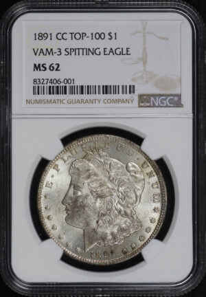 Obverse of this 1891-CC Top-100 Morgan Dollar VAM-3 NGC MS-62