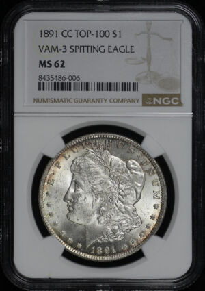 Obverse of this 1891-CC Top-100 Morgan Dollar VAM-3 Spitting Eagle NGC MS-62 