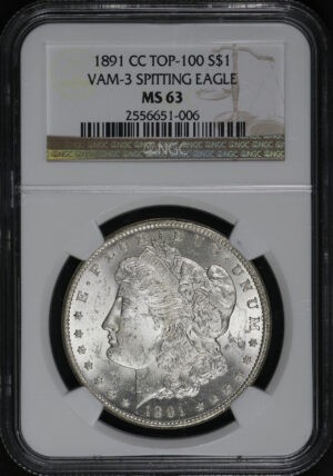 Obverse of this 1891-CC Top-100 Morgan Dollar VAM-3 Spitting Eagle NGC MS-63 