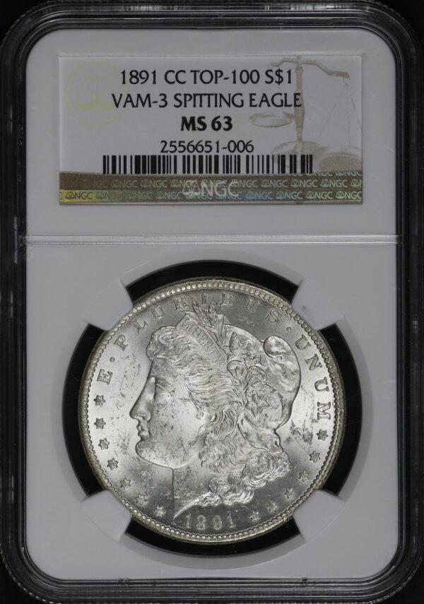 Obverse of this 1891-CC Top-100 Morgan Dollar VAM-3 Spitting Eagle NGC MS-63 