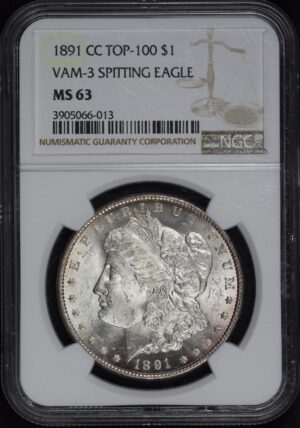 Obverse of this 1891-CC Top-100 Morgan Dollar NGC MS-63 VAM-3 Spitting Eagle
