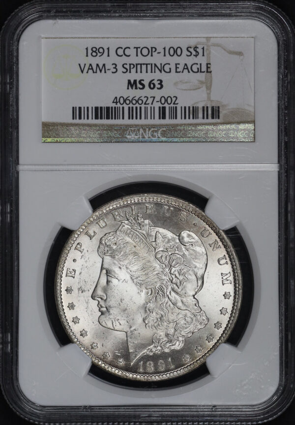 Obverse of this 1891-CC Top-100 VAM-3 Spitting Eagle Morgan Dollar NGC MS-63