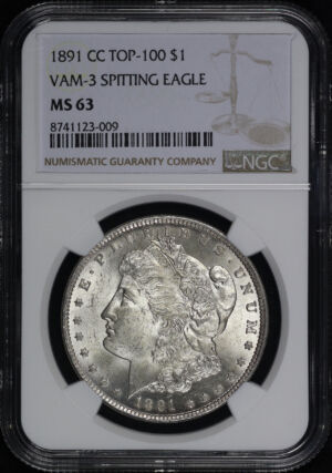 Obverse of this 1891-CC Top-100 VAM-3 Spitting Eagle Morgan Dollar NGC MS-63