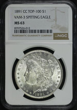 Obverse of this 1891-CC Morgan Dollar VAM-3 Spitting Eagle NGC MS-63