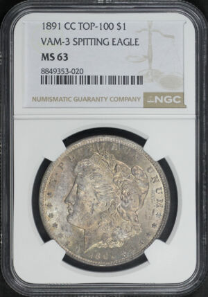 Obverse of this 1891-CC Top-100 Morgan Dollar VAM-3 Spitting Eagle NGC MS-63