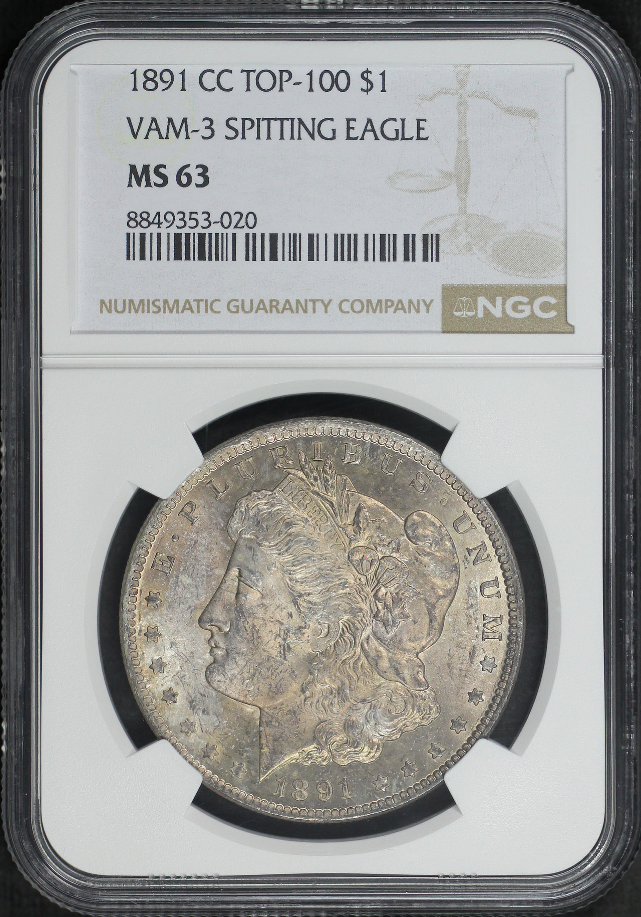 Obverse of this 1891-CC Top-100 Morgan Dollar VAM-3 Spitting Eagle NGC MS-63