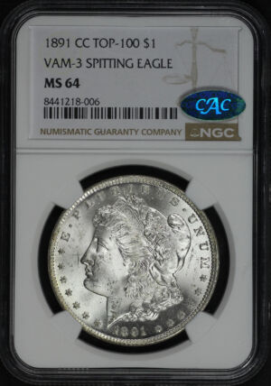 Obverse of this 1891-CC Morgan Dollar Spitting Eagle VAM-3 NGC MS-64 CAC
