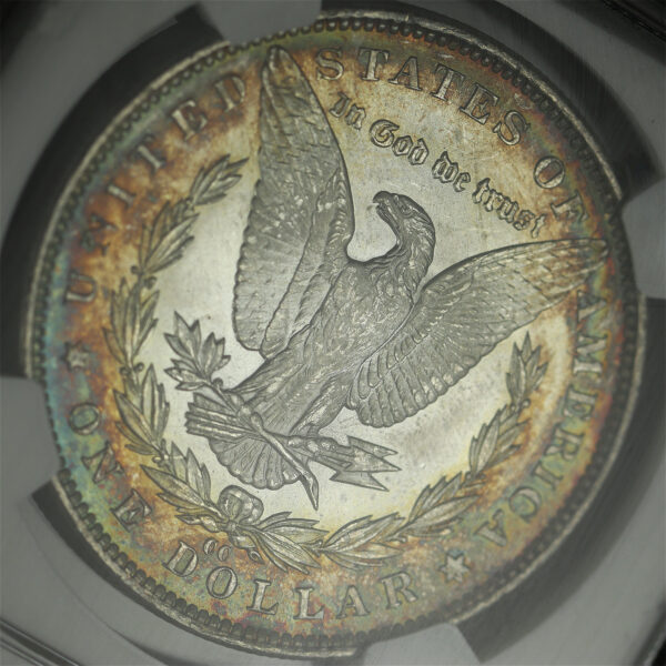 Gallery image of this 1891-CC Top-100 VAM-3 Spitting Eagle Morgan Dollar NGC MS-65 Blue, Green, & Crimson Rim Toning