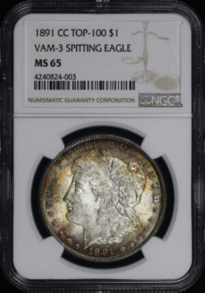 Obverse of this 1891-CC Top-100 VAM-3 Spitting Eagle Morgan Dollar NGC MS-65 Blue, Green, & Crimson Rim Toning