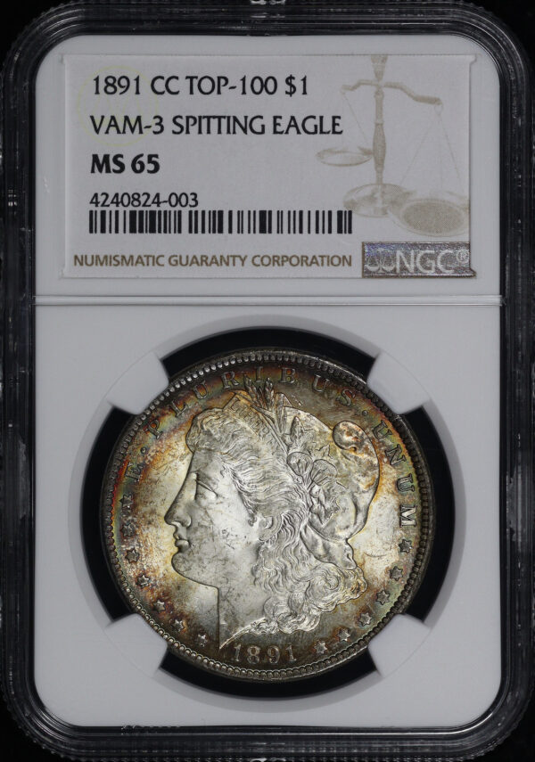 Obverse of this 1891-CC Top-100 VAM-3 Spitting Eagle Morgan Dollar NGC MS-65 Blue, Green, & Crimson Rim Toning